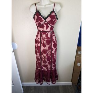 Lulus Alluring Dream Burgundy Floral Mesh Lace Trumpet Midi Dress Size XS